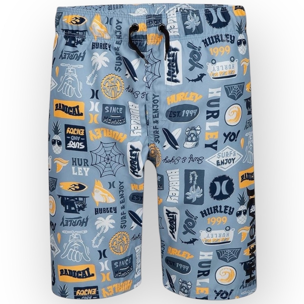 NWT Hurley Boys’ Printed Pull-On Swim Trunks - Blue ‘Stickers’ Design XL
